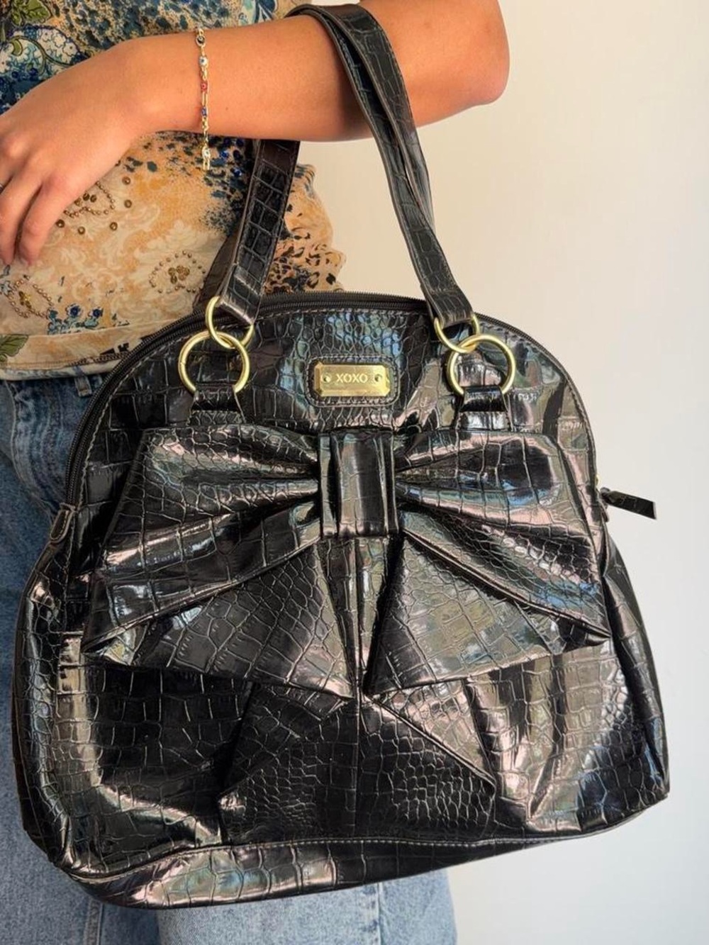 XOXO Black Croc-Embossed Tote with Statement Bow